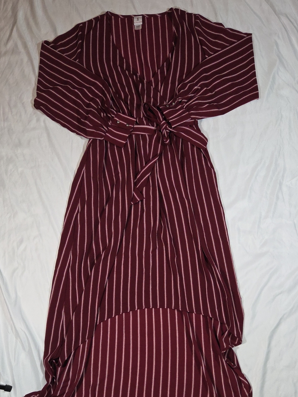 Lilian Maroon Red Striped V-neck Belted Long Sleeve Dress Size 2x